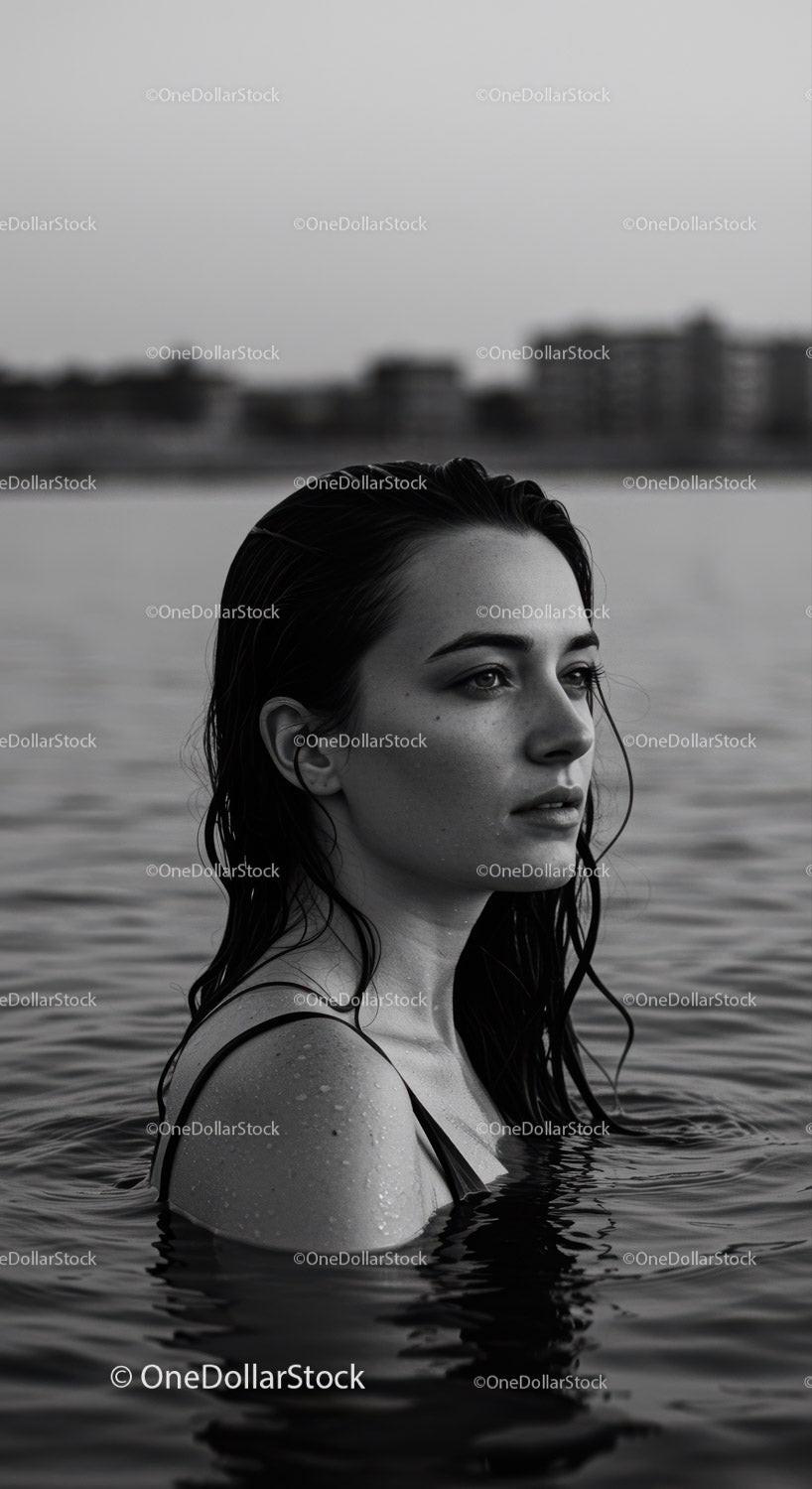 Serene Black and White Portrait of Woman in Water with City Skyline