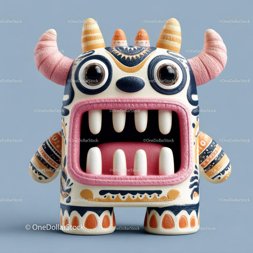 Small cartoon monster figure with big teeth, striped orange and pink horns, and decorative blue and orange patterns