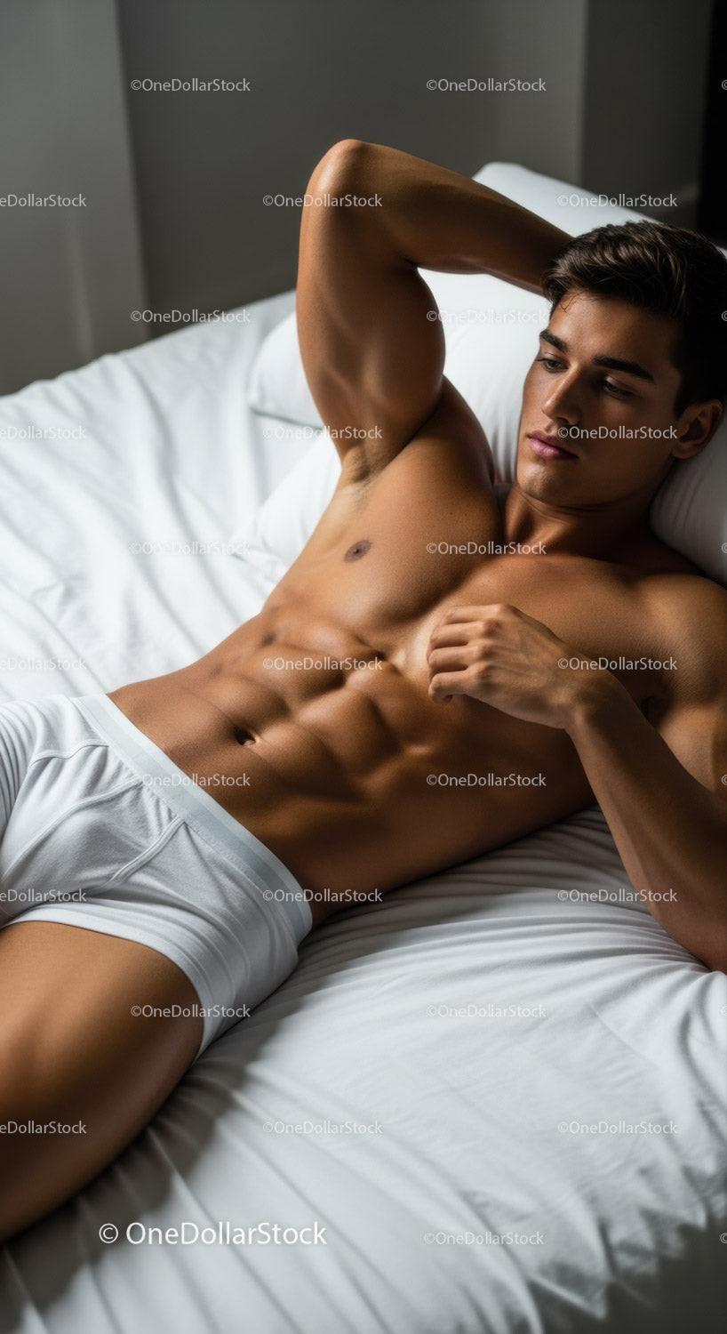 Fit young man relaxing on bed in white underwear