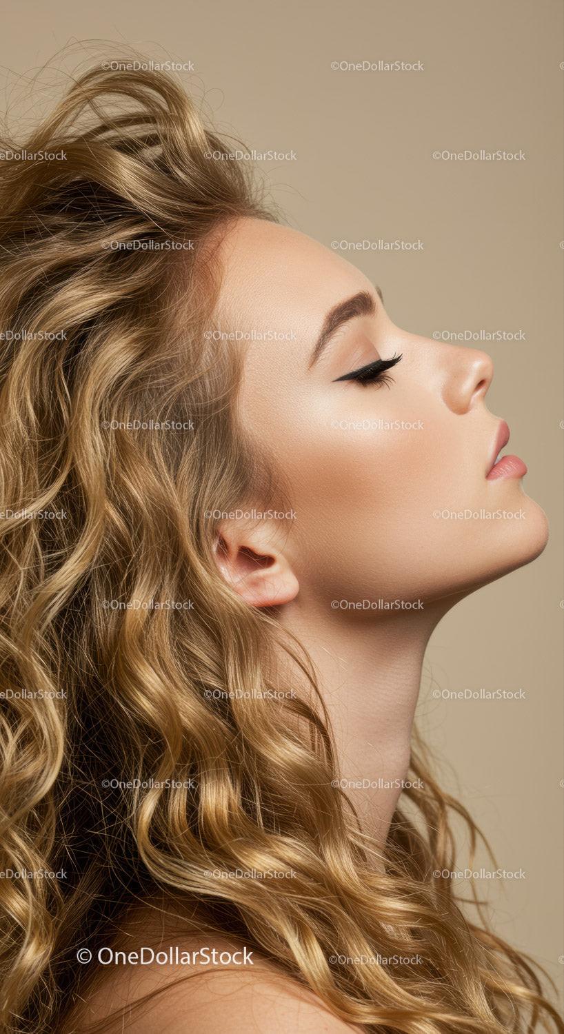 Profile of serene young woman with flowing curly hair