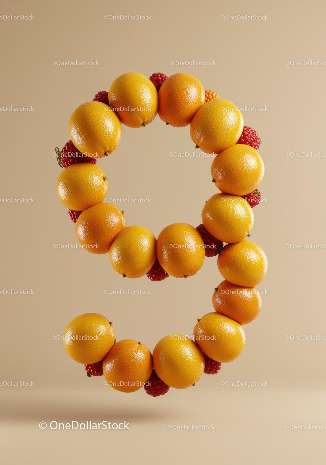 Creative Number Nine Made of Oranges and Raspberries