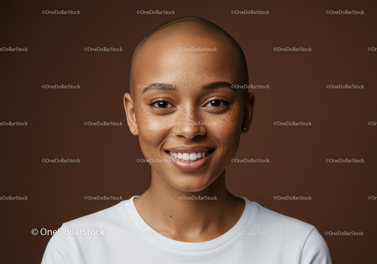Close-up of Smiling Woman with Freckles and Bald Head