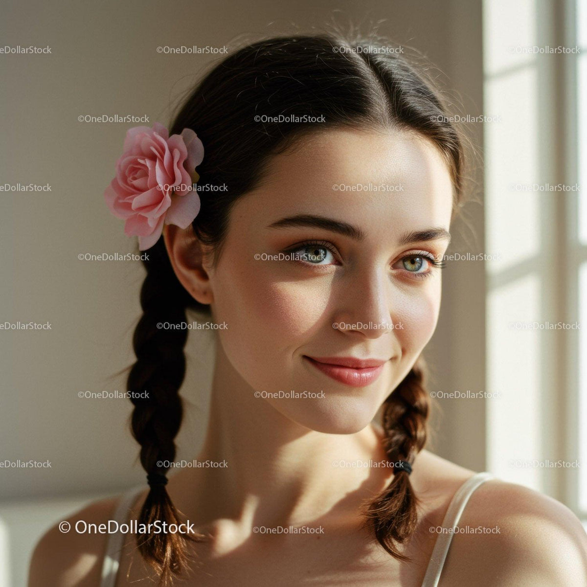 Young Woman with Pink Flower in Hair and Bright Smile