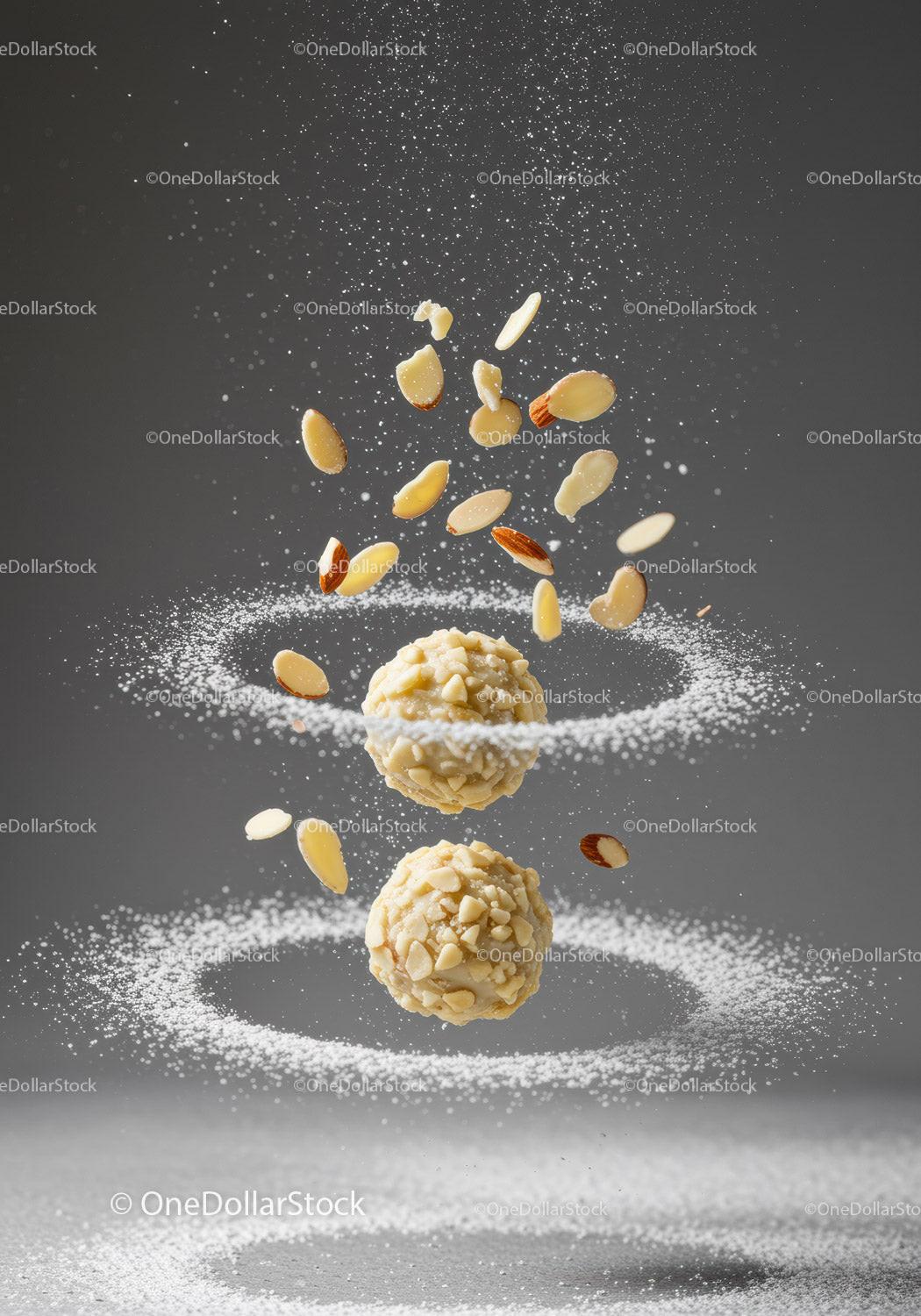 Almond coated truffles with flying nut slices and powdered sugar