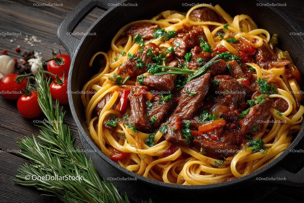 Beef and Mushroom Pasta in a Cast Iron Skillet with Cherry Tomatoes Stock Photo Bundle preview 10