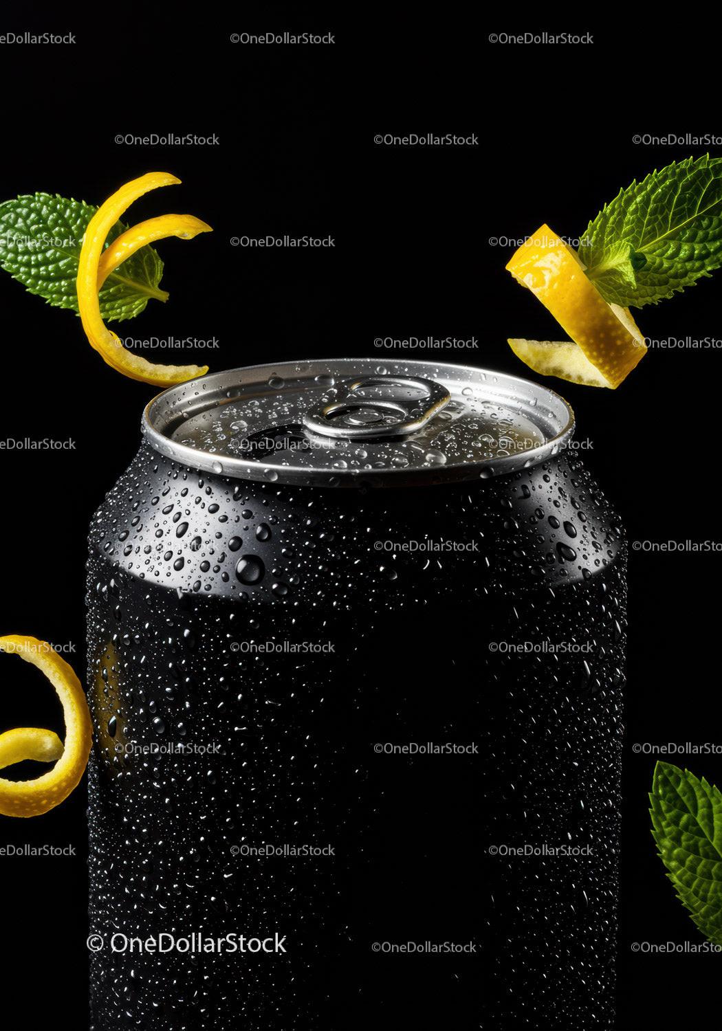 Refreshing soda can with lemon peel and fresh mint