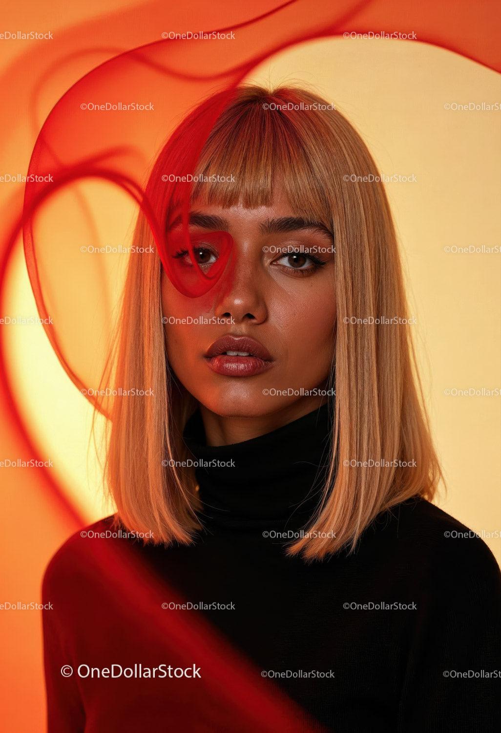Creative Artistic Makeup Portrait with Red Face Paint and Blonde Hair Stock Photo Bundle preview 13