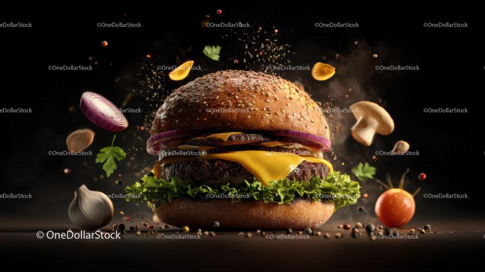 Juicy Gourmet Burger with Fresh Vegetables on Dark Background Stock Photo Bundle preview 12
