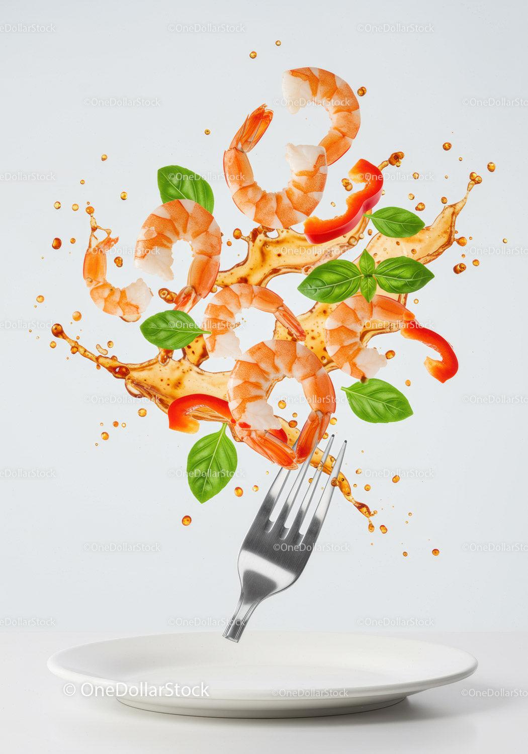Fresh shrimp with basil and sauce over white plate