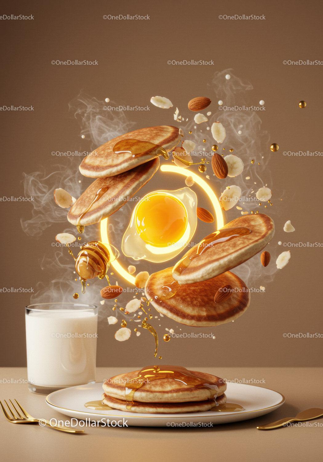 Hot pancakes with honey almonds and milk on table