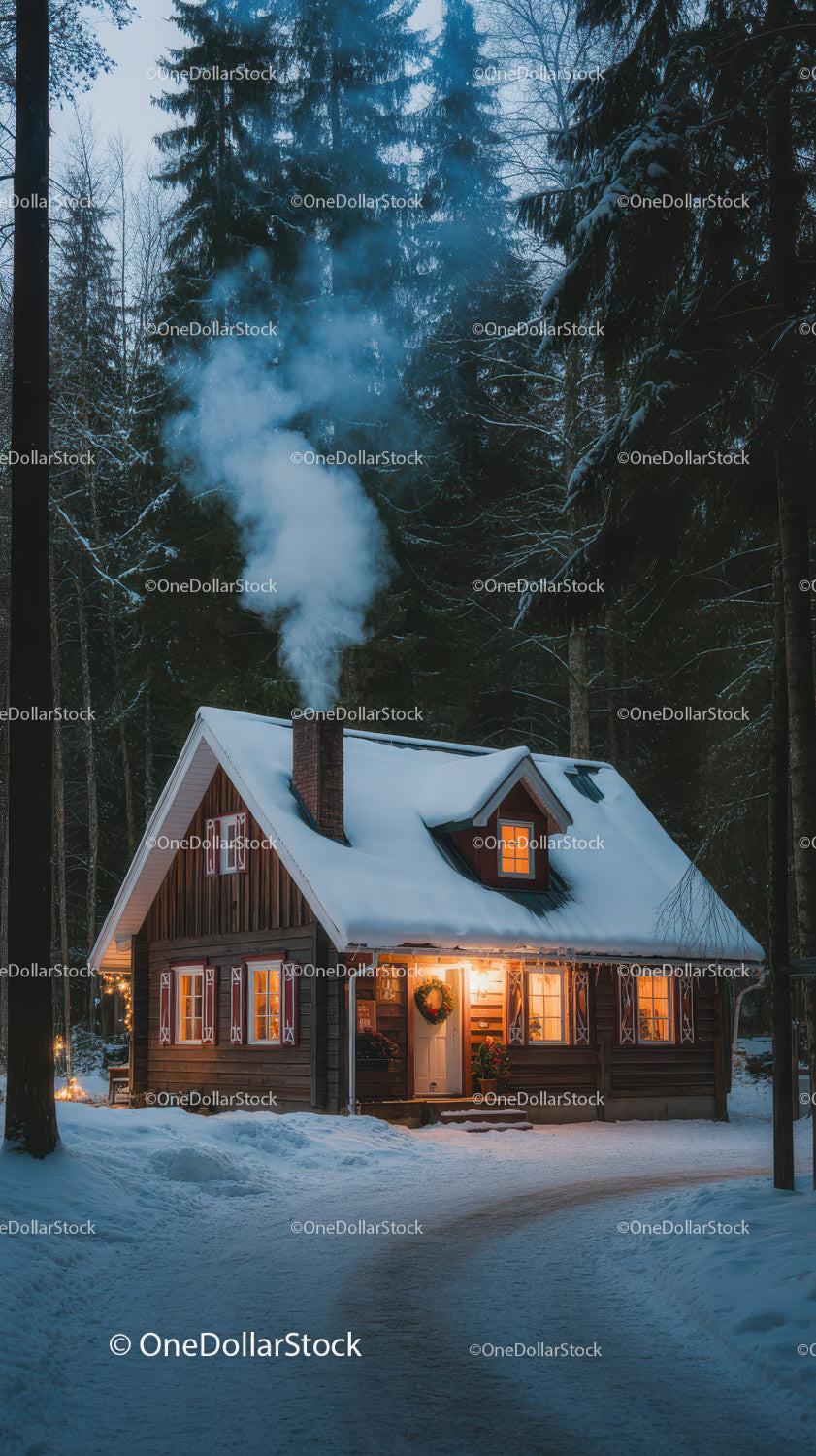 Cozy Wooden Cabin in Snowy Winter Forest at Twilight