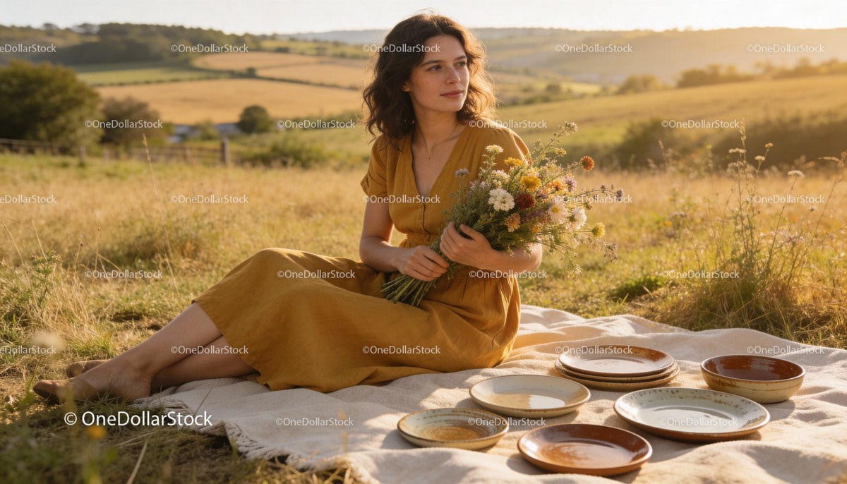 Woman in mustard dress holding wildflowers outdoors