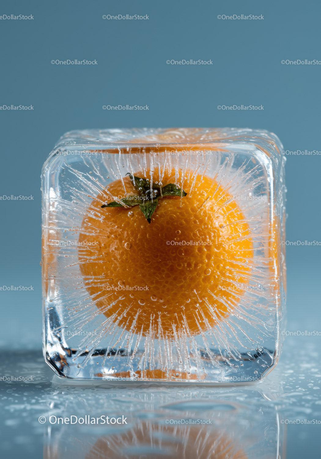Fresh Orange Fruit Frozen Inside Transparent Ice Cube