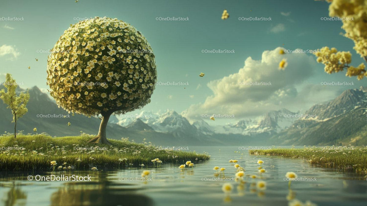Flowering tree with white and yellow flowers on grassy island in lake with mountains