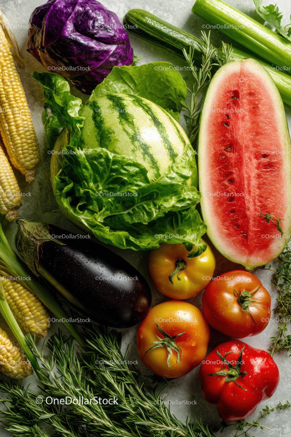 Fresh Watermelon and Vegetables with Summer Harvest Vibe