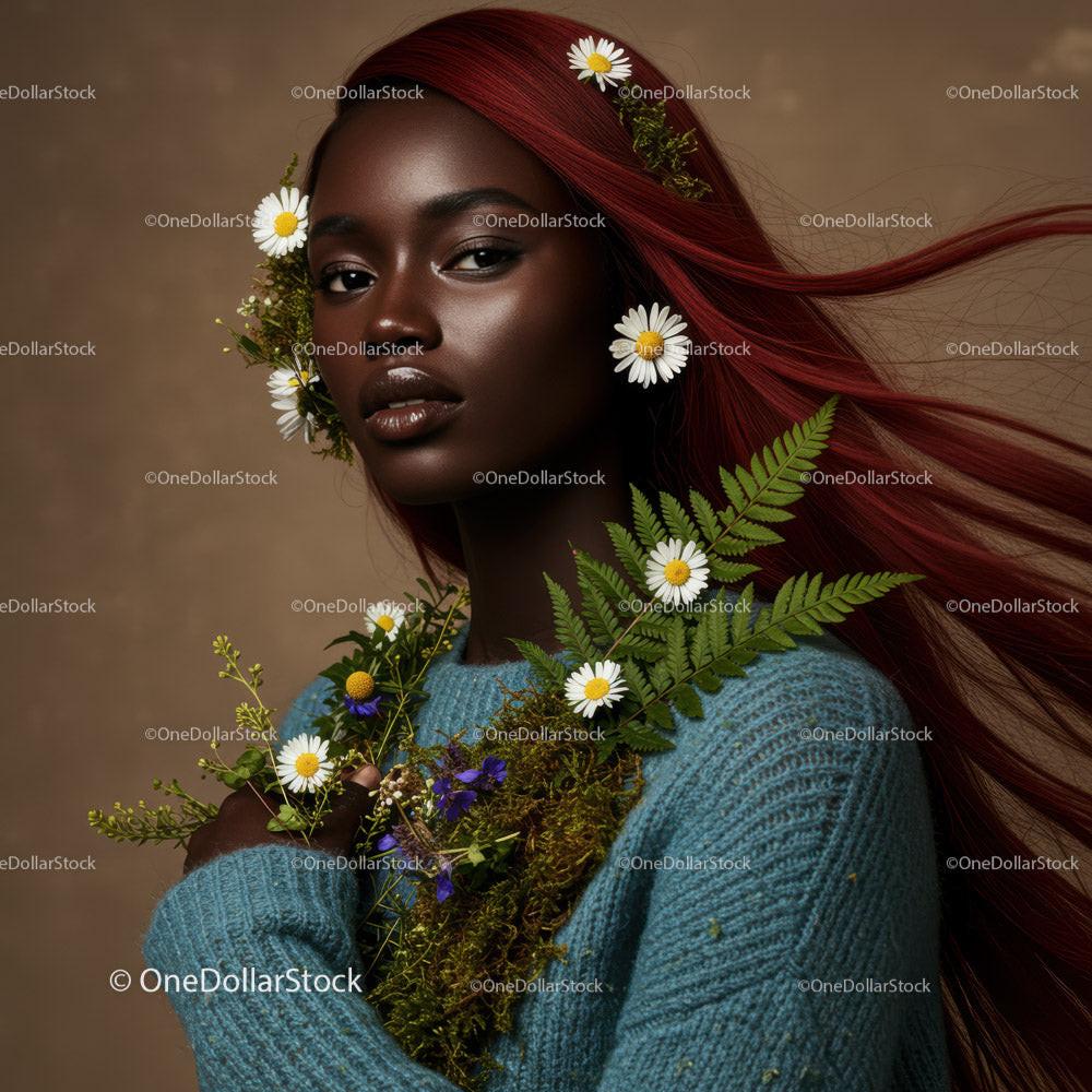 Elegant Studio Portrait of Beautiful Woman with Flowers and Red Hair
