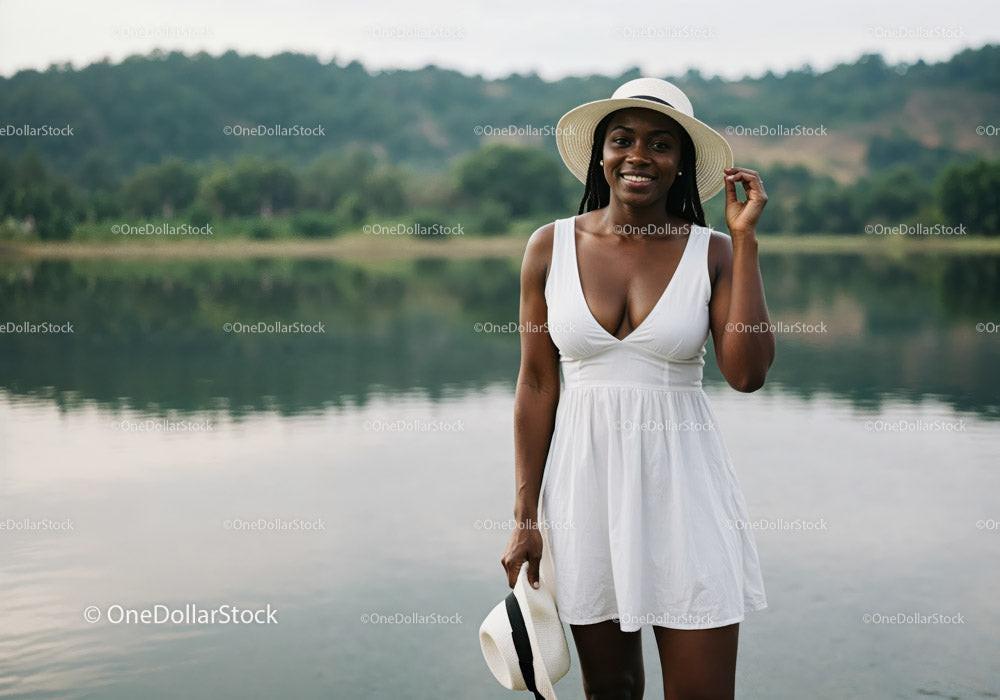 Joyful Woman in White Dress with Sunhat by Lake in Summer