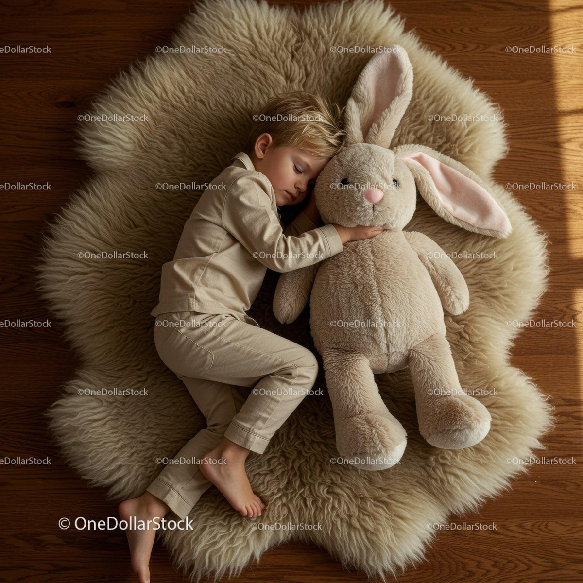 Sleeping Child Cuddling Large Plush Bunny on Rug