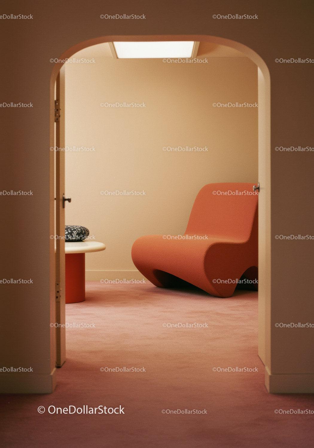 Stylish Coral Armchair in Minimalist Modern Interior with Warm Lighting