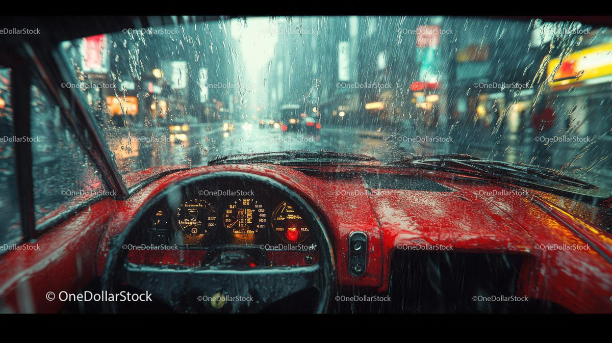 View from red car interior dashboard through rain-covered windshield at city night