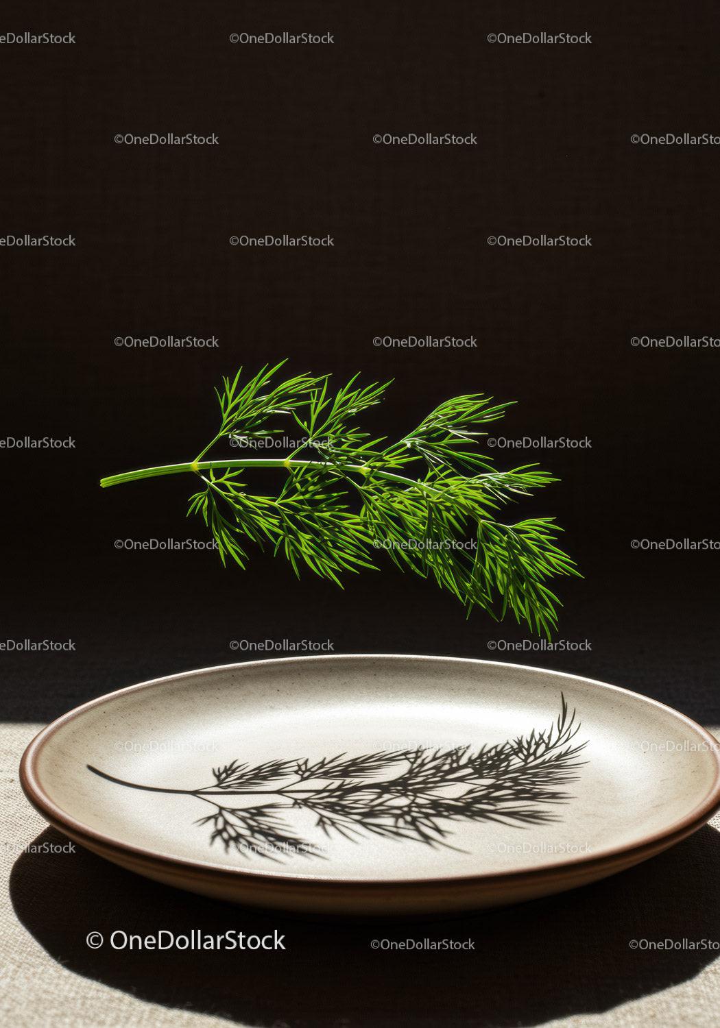 Fresh dill sprig casting shadow on ceramic plate