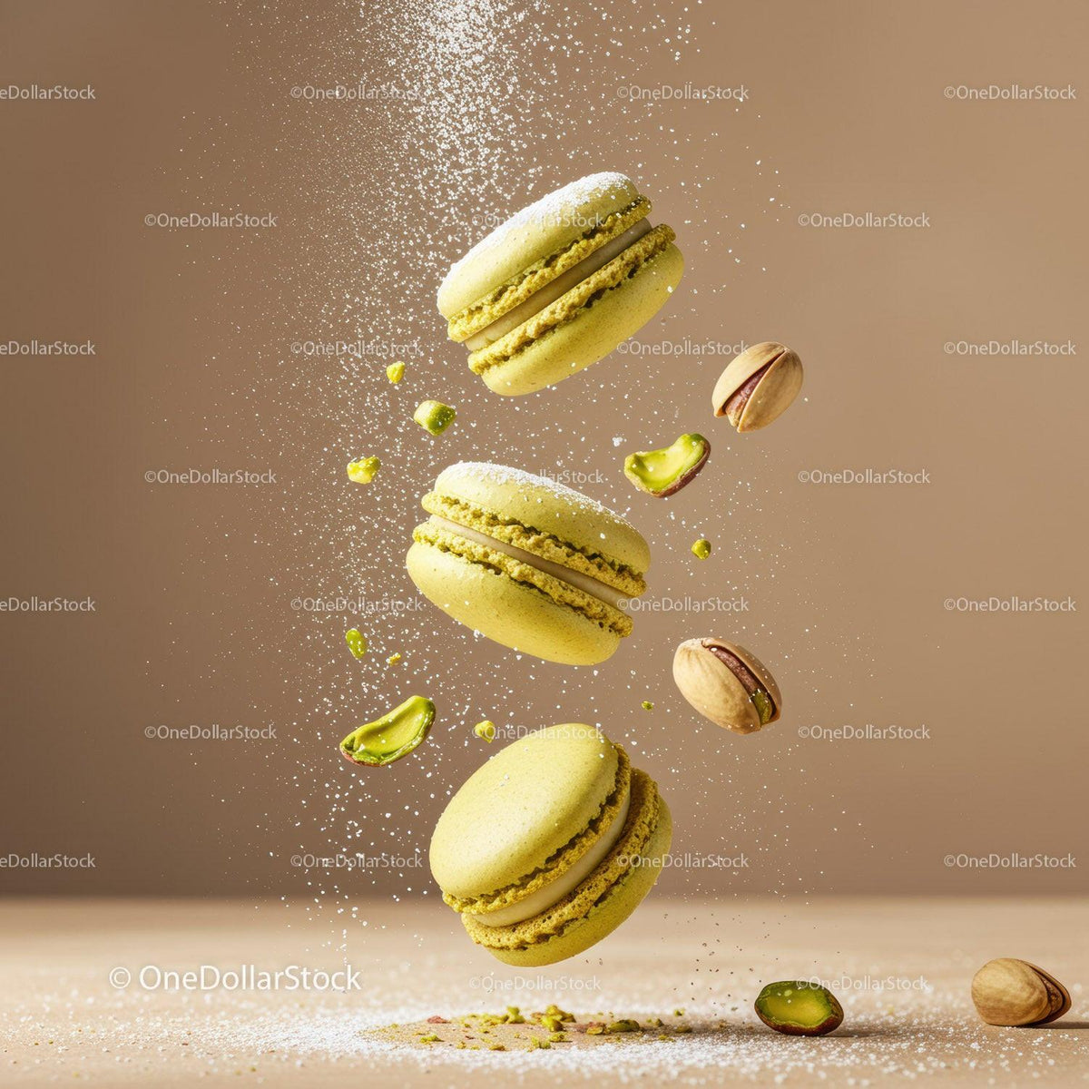 Flying pistachio macarons with powdered sugar sprinkle