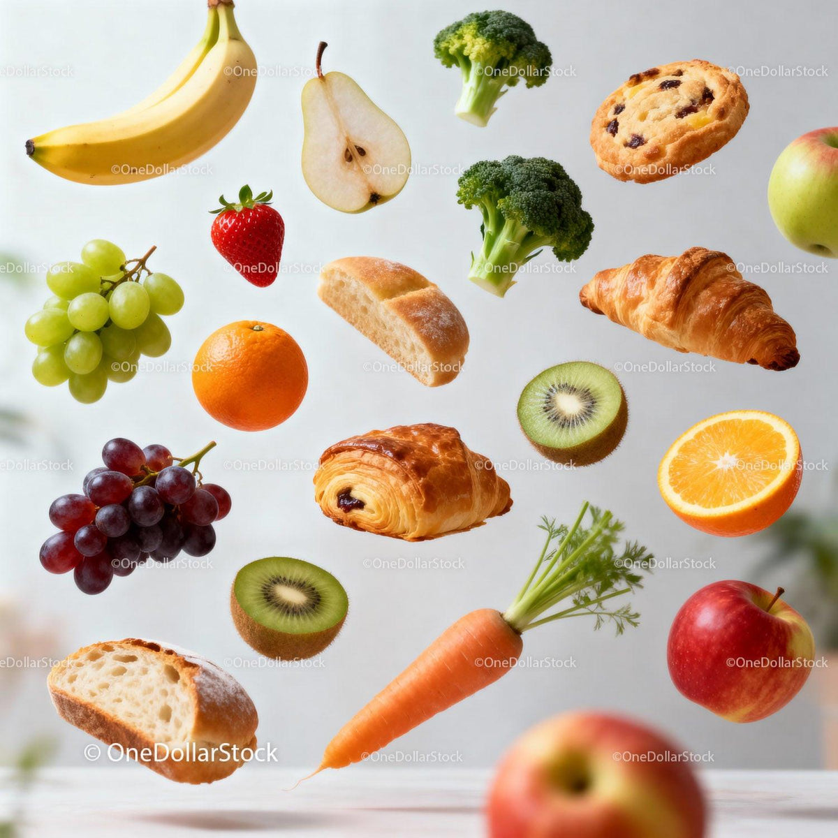 Fresh variety of fruits and baked goods floating in air