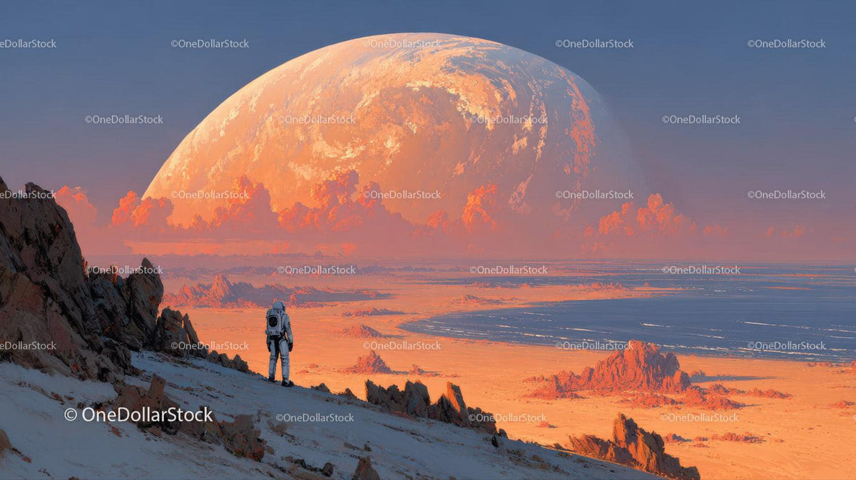 Astronaut Exploring a Surreal Alien Landscape with a Giant Orange Planet Stock Photo Bundle preview 19