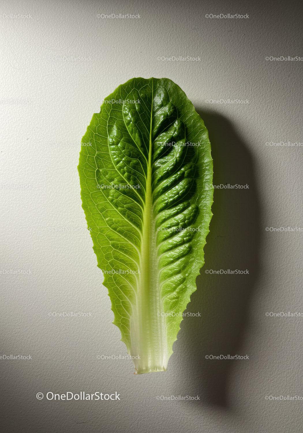 Fresh green romaine lettuce leaf on light background