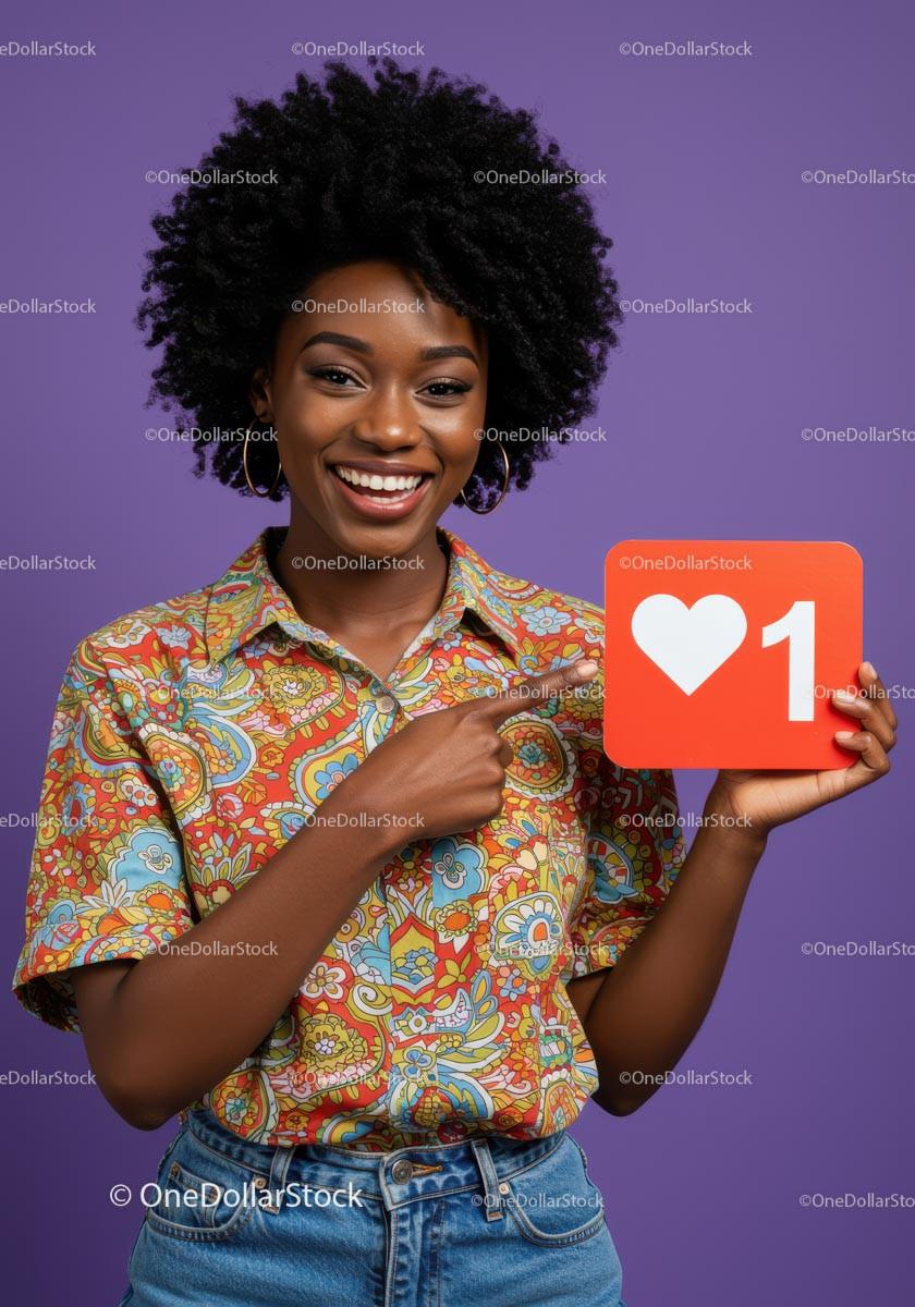 Smiling Woman Holding Heart Sign with Colorful Shirt Against Purple Background Stock Photo Bundle preview 48