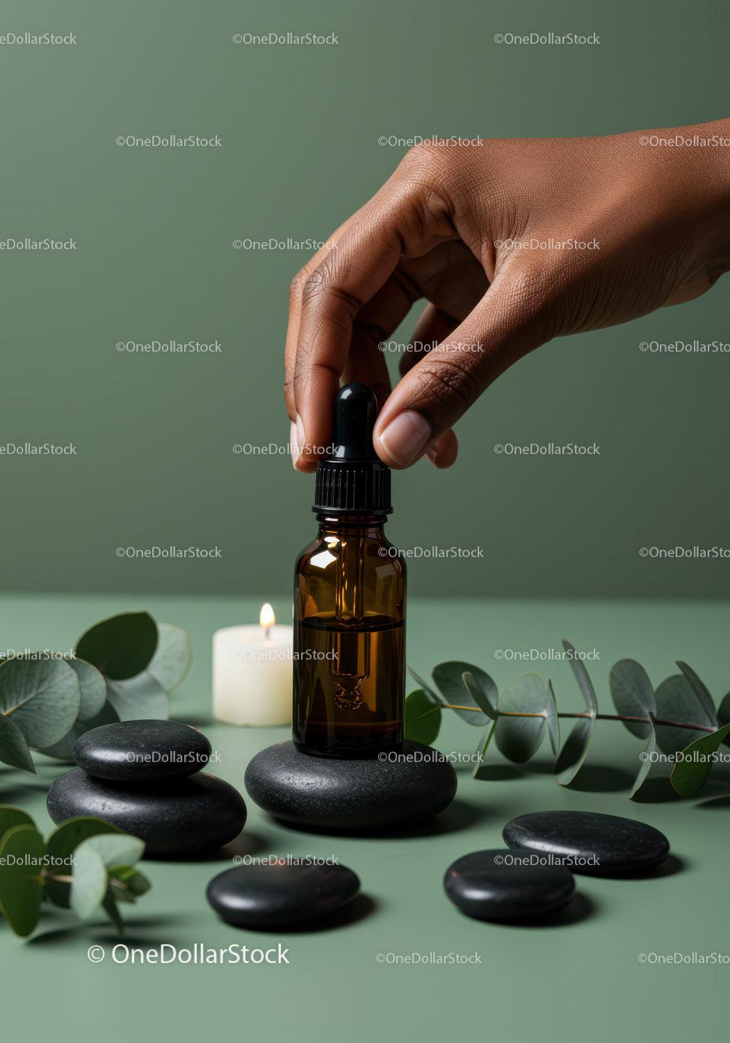 Amber Glass Dropper Bottle with Herbal Leaves and Stones for Wellness JPG Mockup Image preview