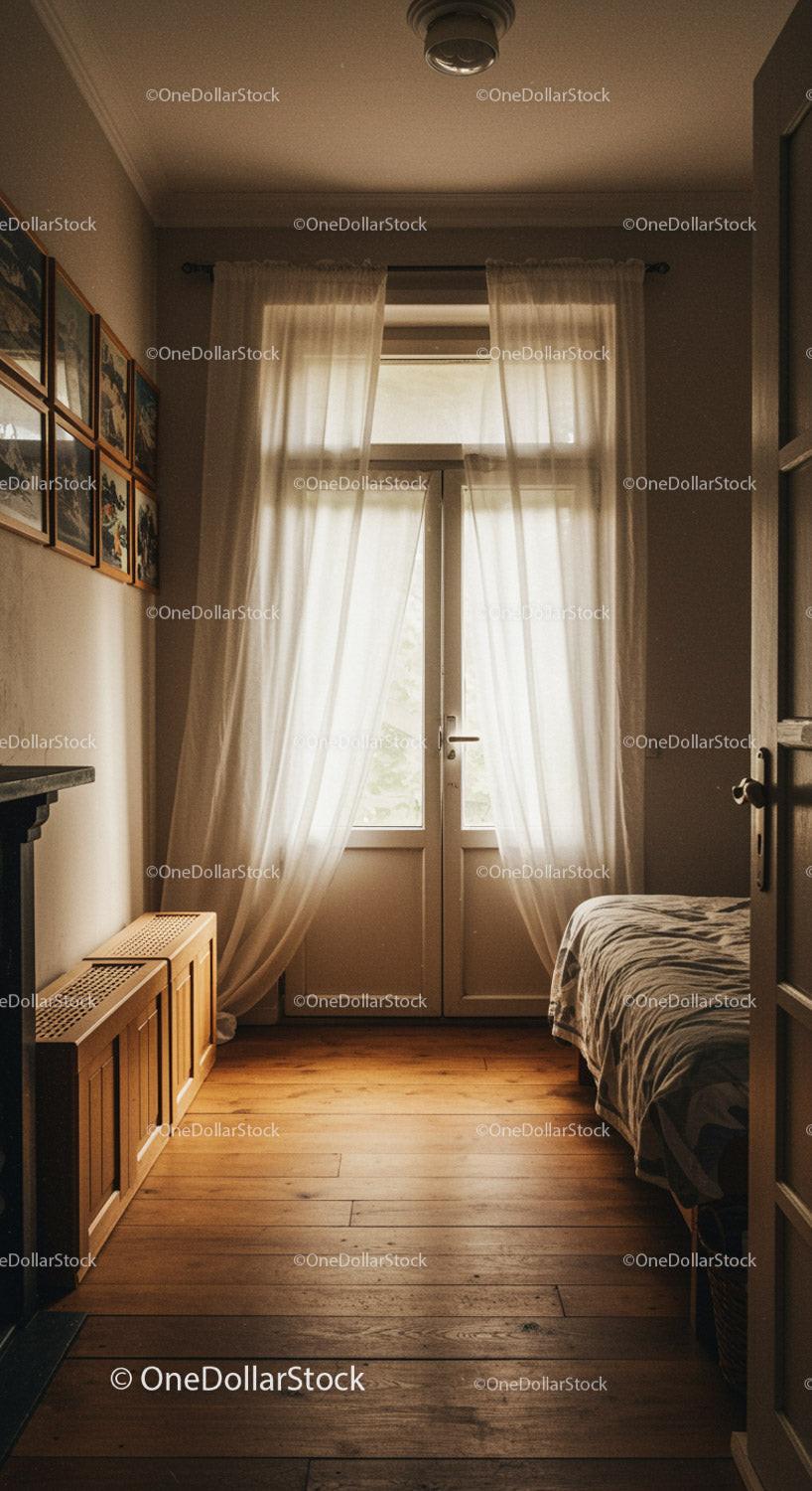 Cozy bedroom with sunlight streaming through sheer curtains