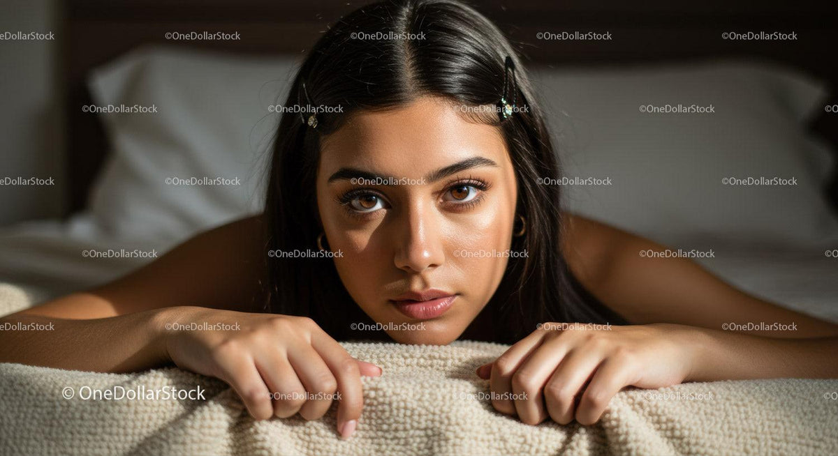 Intimate Portrait of a Young Woman Resting on a Bed in Cozy Bedroom