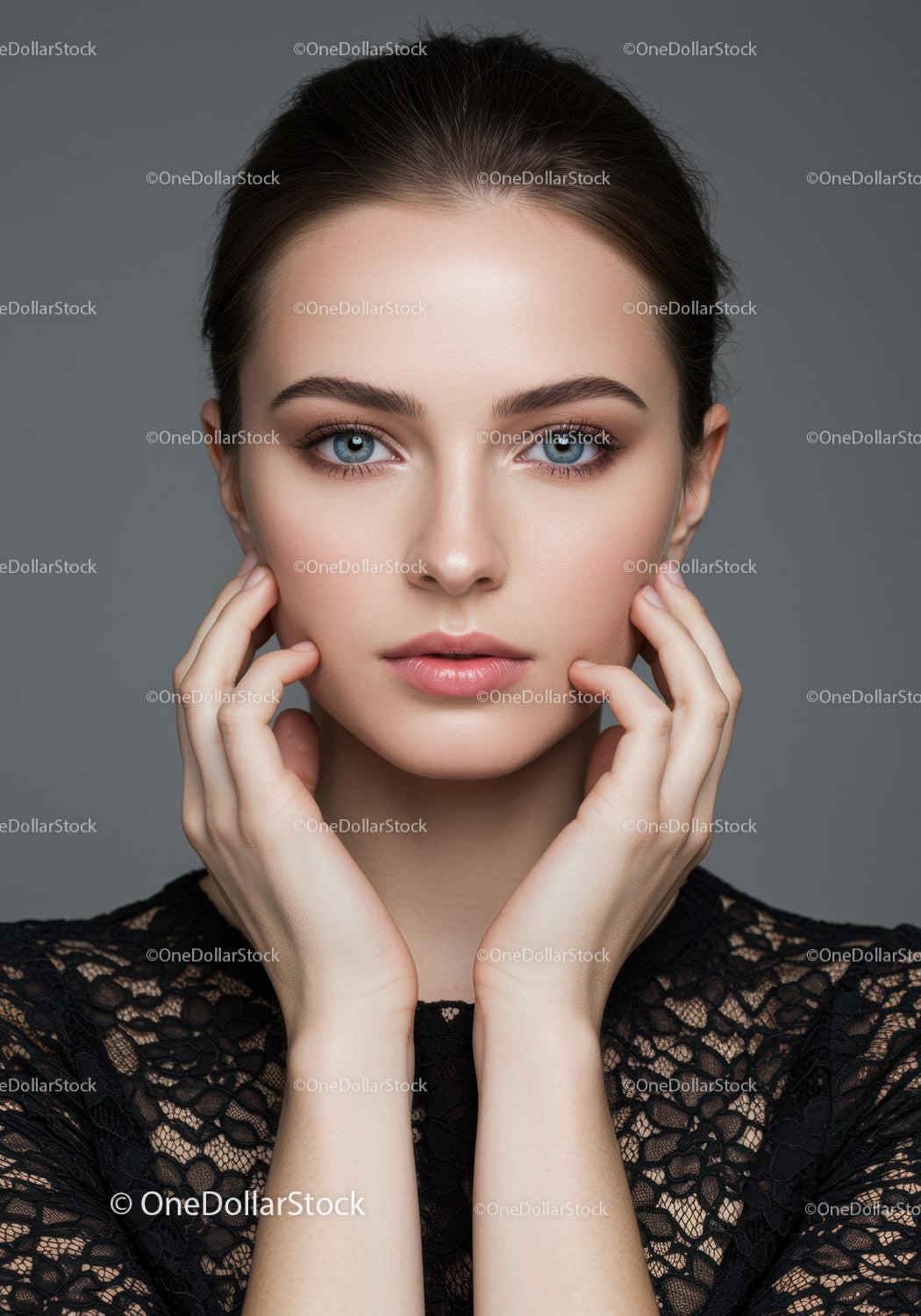 Elegant Portrait of a Young Woman with Blue Eyes and Flawless Skin