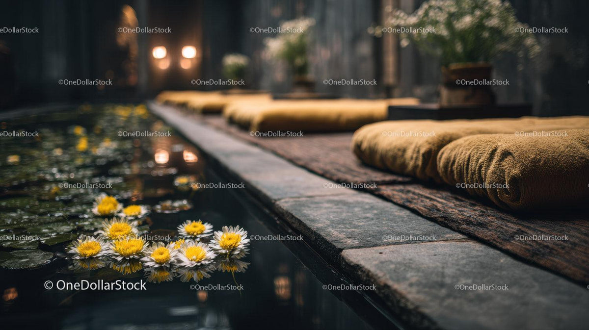 Serene Outdoor Spa Scene with Yellow Towel and Water Lilies Stock Photo Bundle preview 21