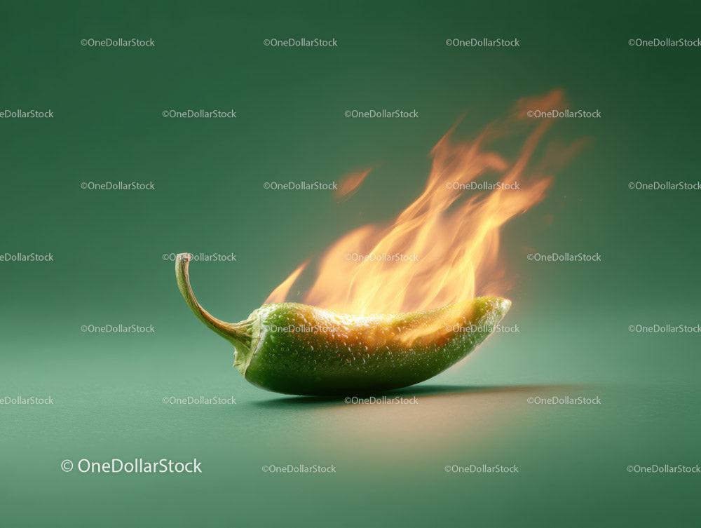 Burning Red Chili Pepper with Flames on Green Background Stock Photo Bundle preview 6
