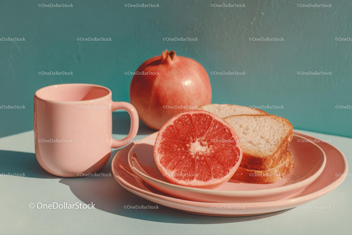 Sliced Grapefruit and Bread on Pink Plate with Pomegranate Scene