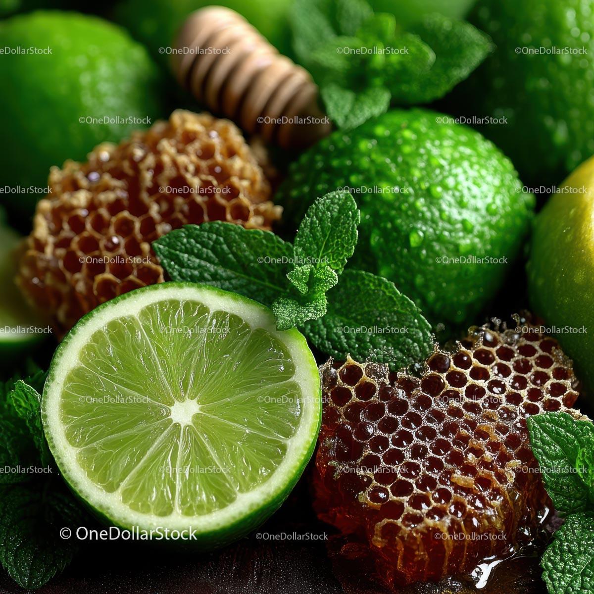 Fresh Limes, Mint Leaves and Honeycomb for Delicious Recipes 32 JPG Files digital asset preview