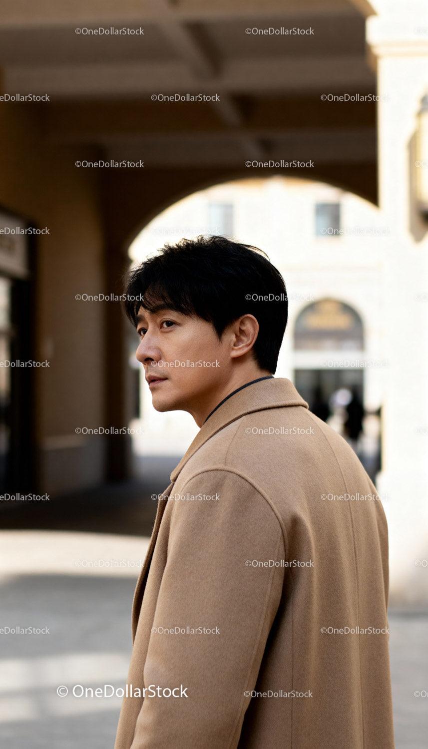 Thoughtful man in beige coat standing outdoors