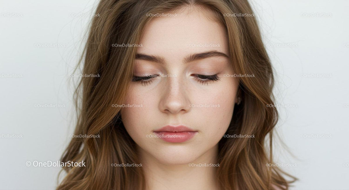 Close-Up of Young Woman with Soft Expressions and Natural Makeup