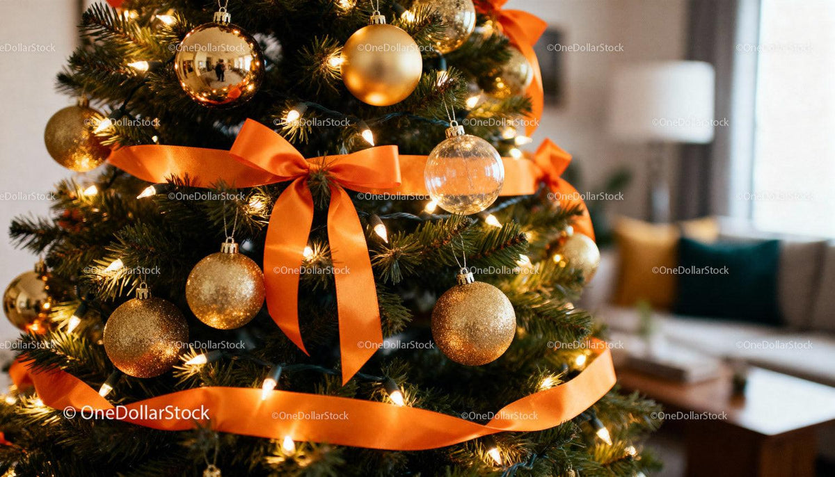 Christmas Tree Decorated with Golden Ornaments and Orange Ribbon