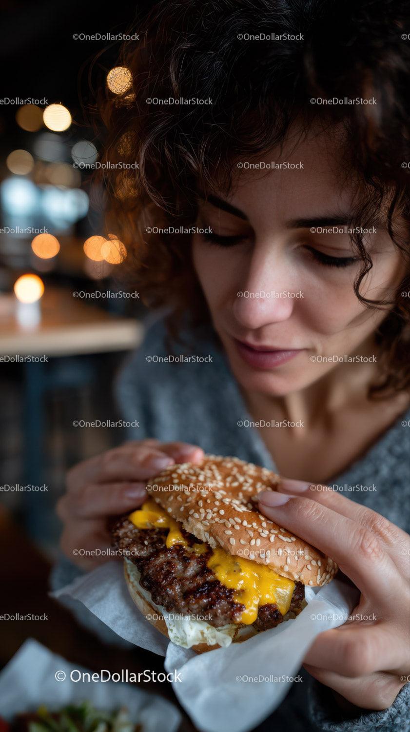 Close-Up of Woman Holding Juicy Cheeseburger with Melty Cheese