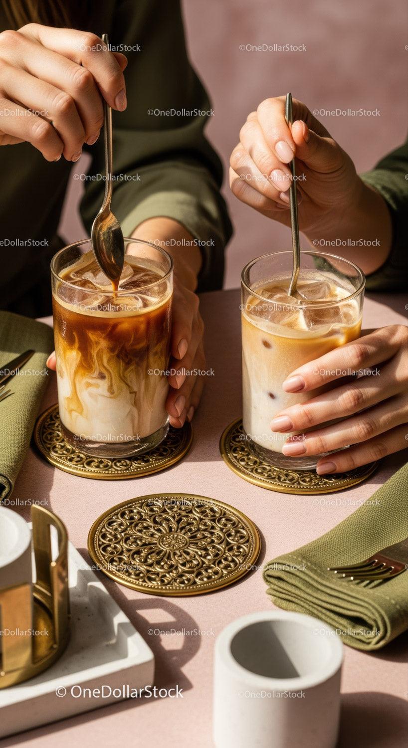 Elegant Iced Coffee Beverages with Cream and Ice on Stylish Table