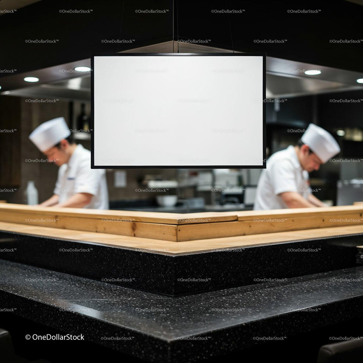 Chefs Preparing Cuisine Behind Blank Kitchen Menu Board JPG Mockup Image preview