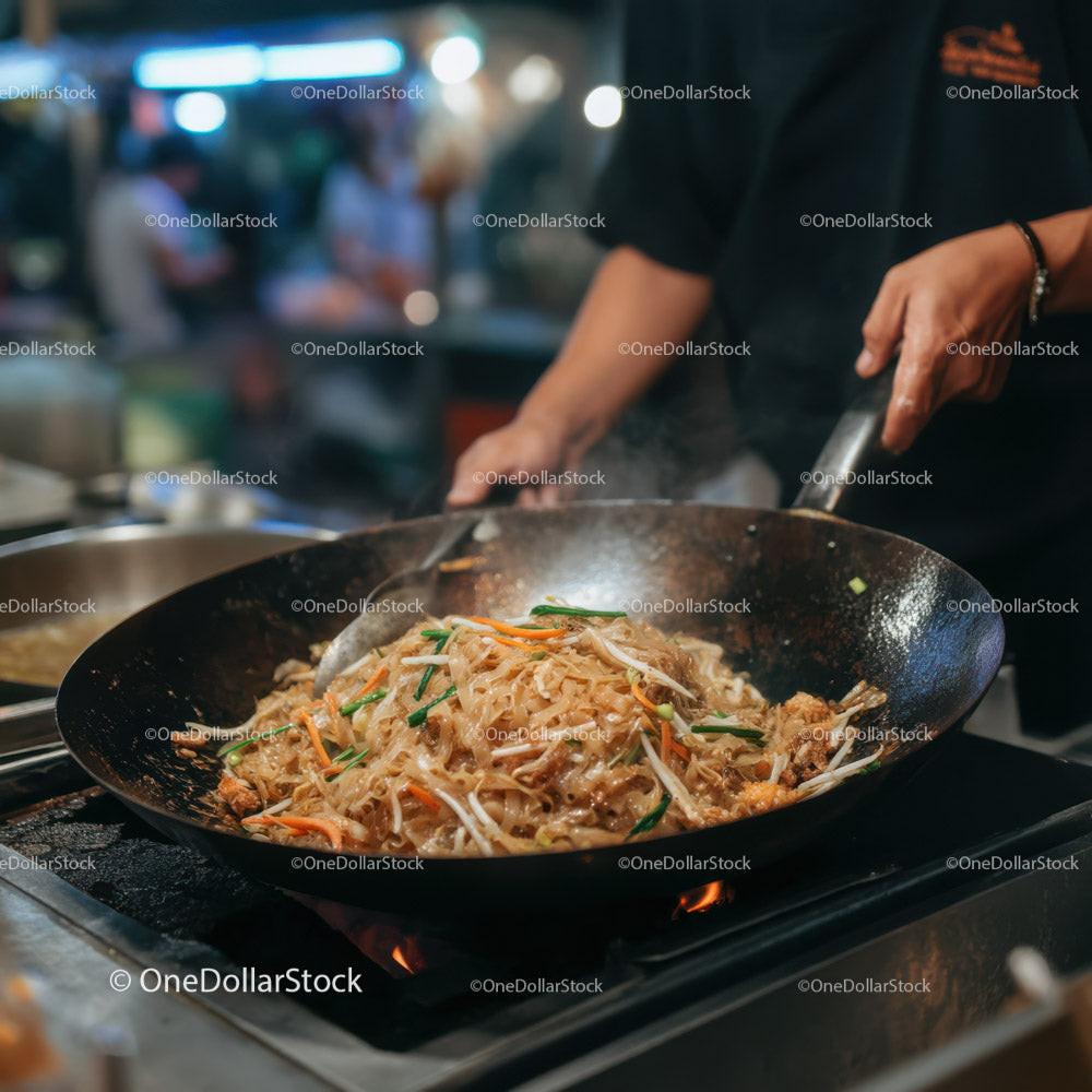 Stir-Fried Noodles with Vegetables in a Professional Street Food Setting Stock Photo Bundle preview