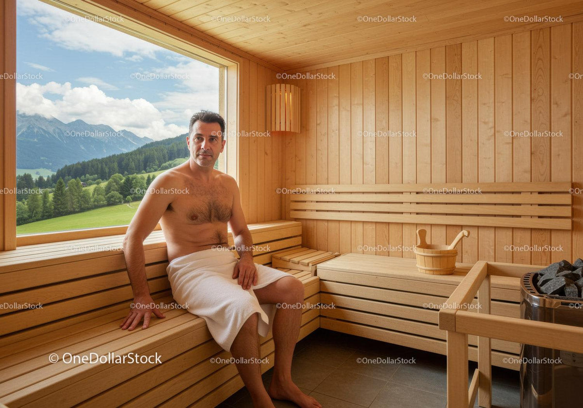 Man Relaxing in Wooden Sauna with Mountain View Interior