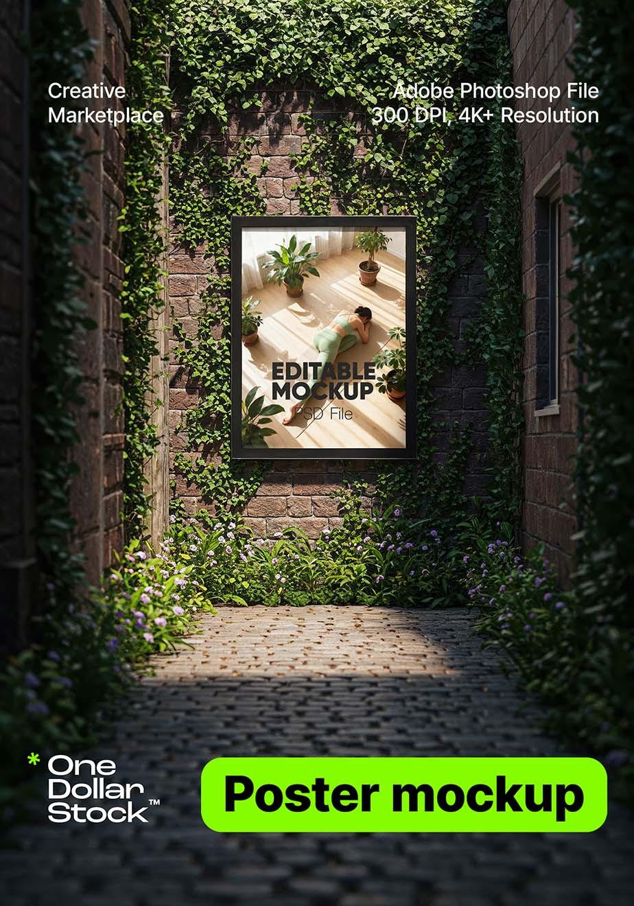 Poster in dark green alley Editable PSD Mockup preview