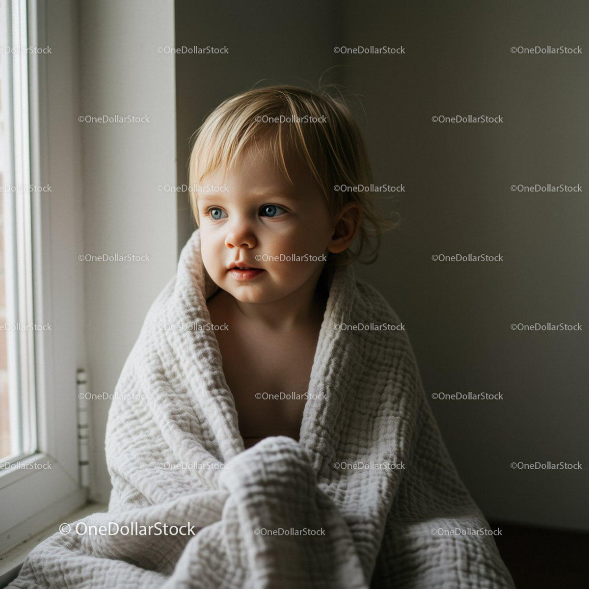 Toddler Wrapped in Cozy Blanket by Window Light