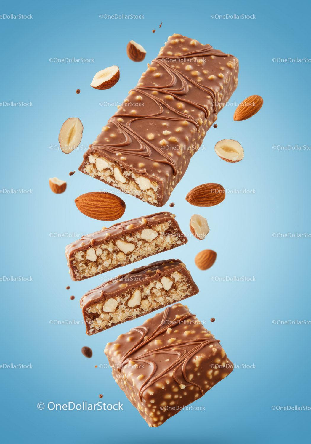 Chocolate Almond Nut Bar with Crispy Pieces Floating