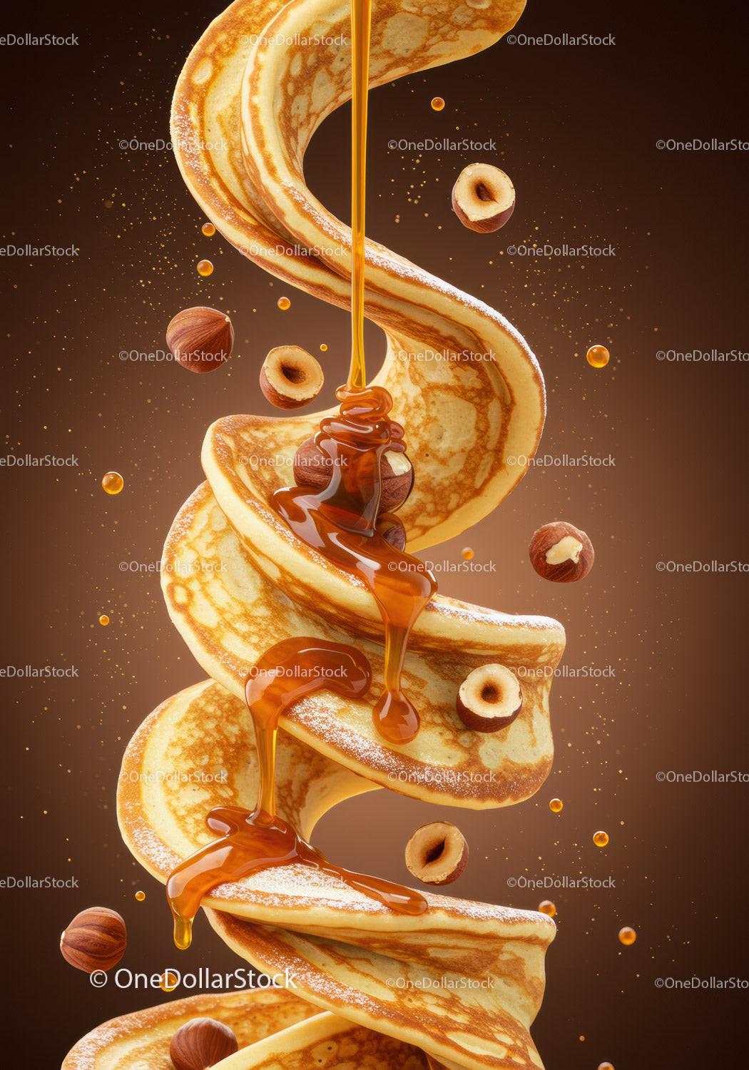 Swirling Pancakes Drizzled with Honey and Floating Hazelnuts